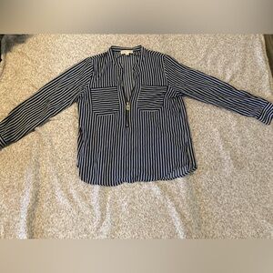 Michael Kors dress top, 3qtr gold zipper, vertical navy & white stripes, size L